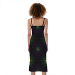 Purple And Green Spider Web Print Slim Fit Midi Cami Dress