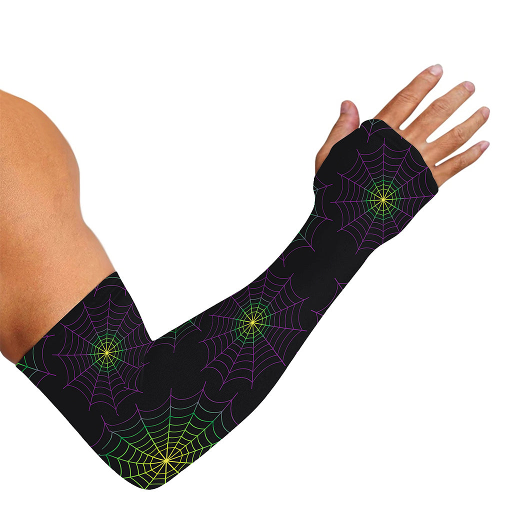Purple And Green Spider Web Print Sun Protection Arm Sleeves