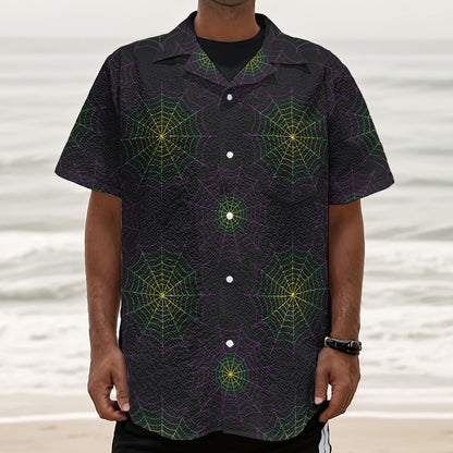 Purple And Green Spider Web Print Textured Short Sleeve Shirt