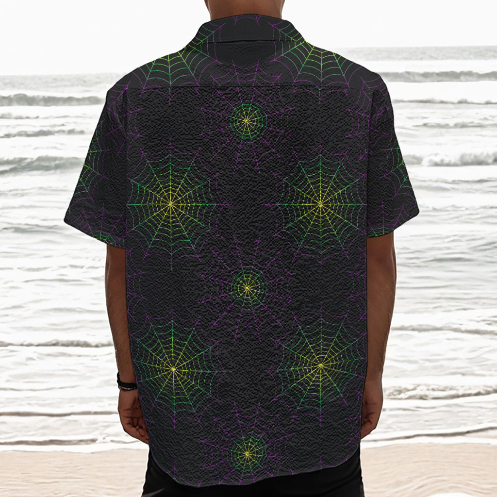 Purple And Green Spider Web Print Textured Short Sleeve Shirt