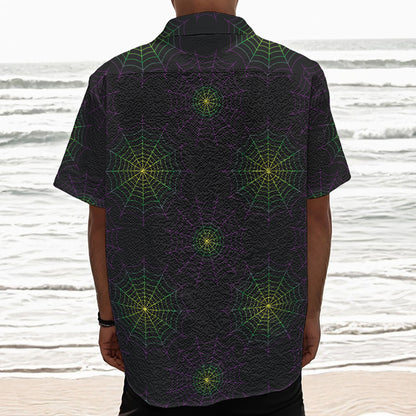 Purple And Green Spider Web Print Textured Short Sleeve Shirt