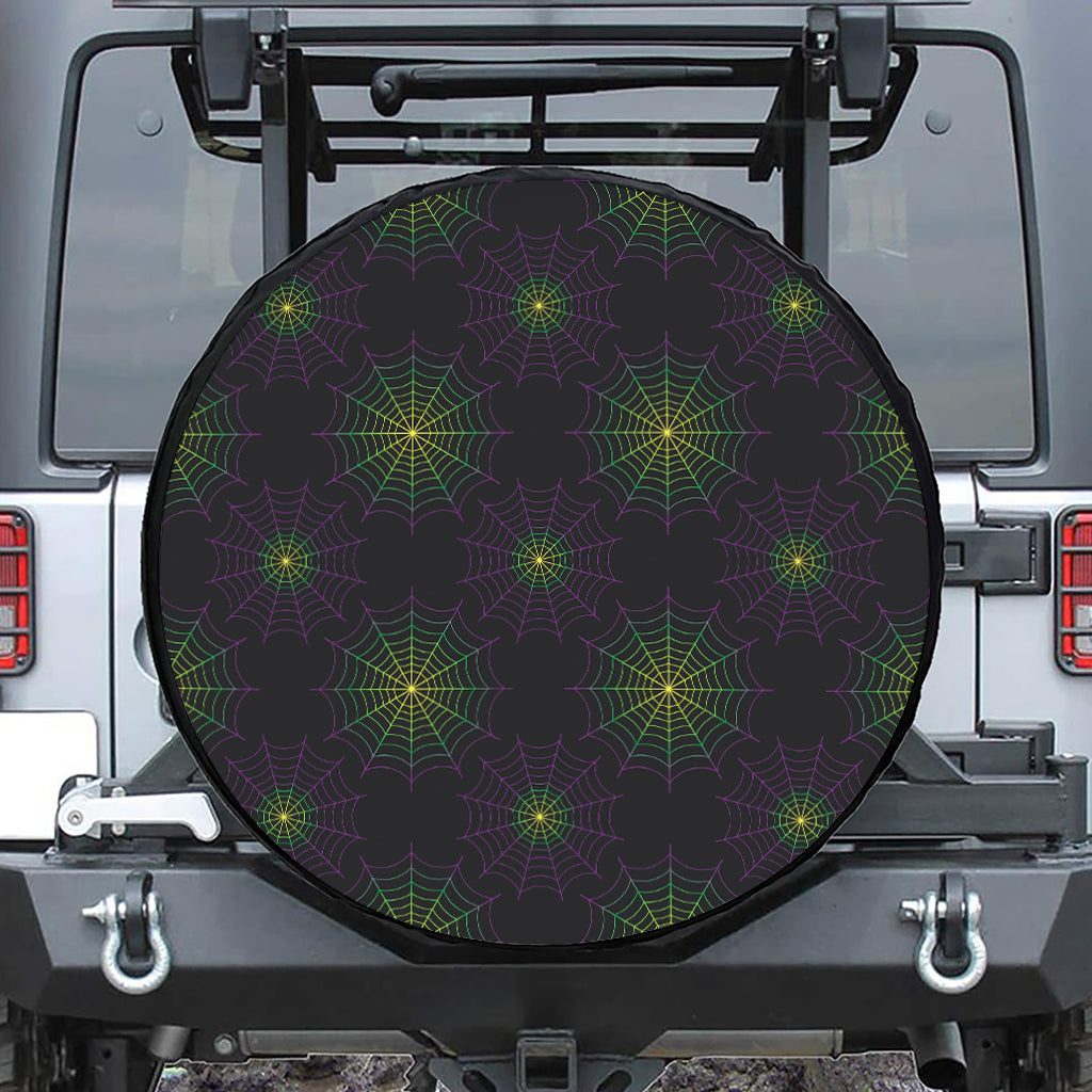 Purple And Green Spider Web Print Tire Cover