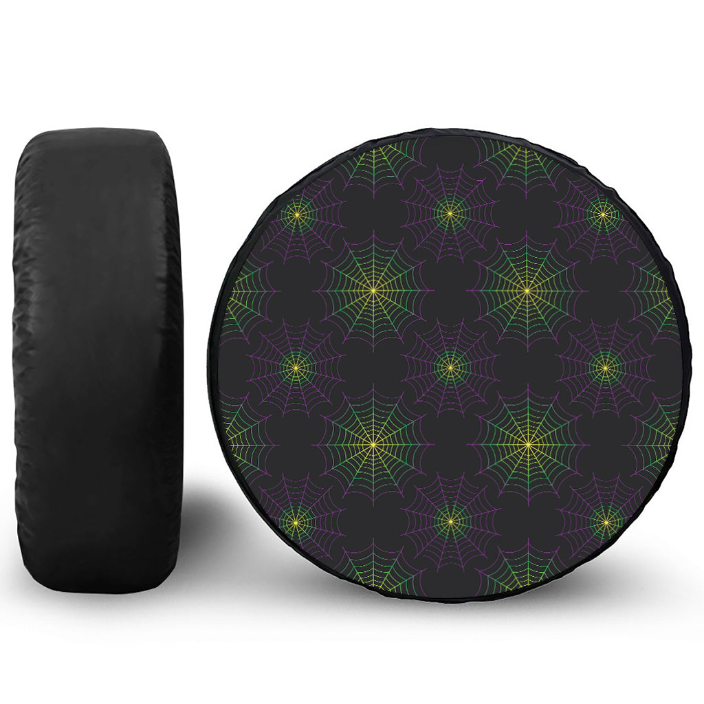 Purple And Green Spider Web Print Tire Cover