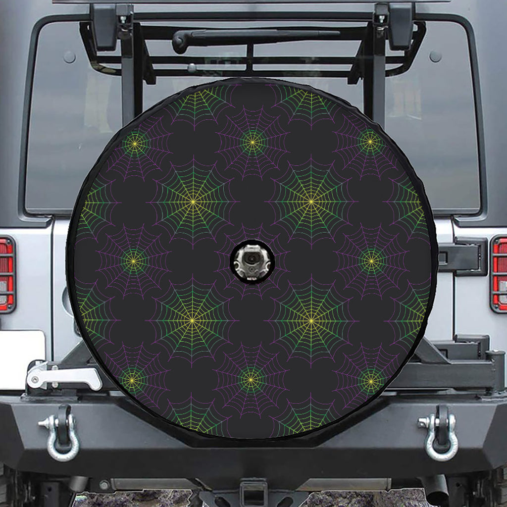 Purple And Green Spider Web Print Tire Cover With Camera Hole