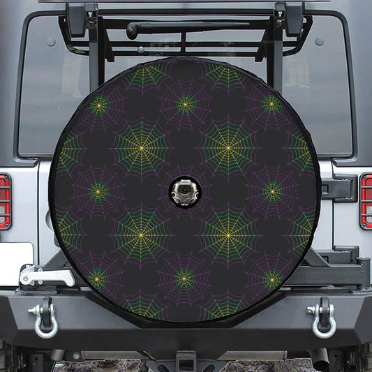 Purple And Green Spider Web Print Tire Cover With Camera Hole