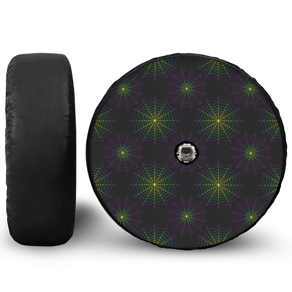 Purple And Green Spider Web Print Tire Cover With Camera Hole