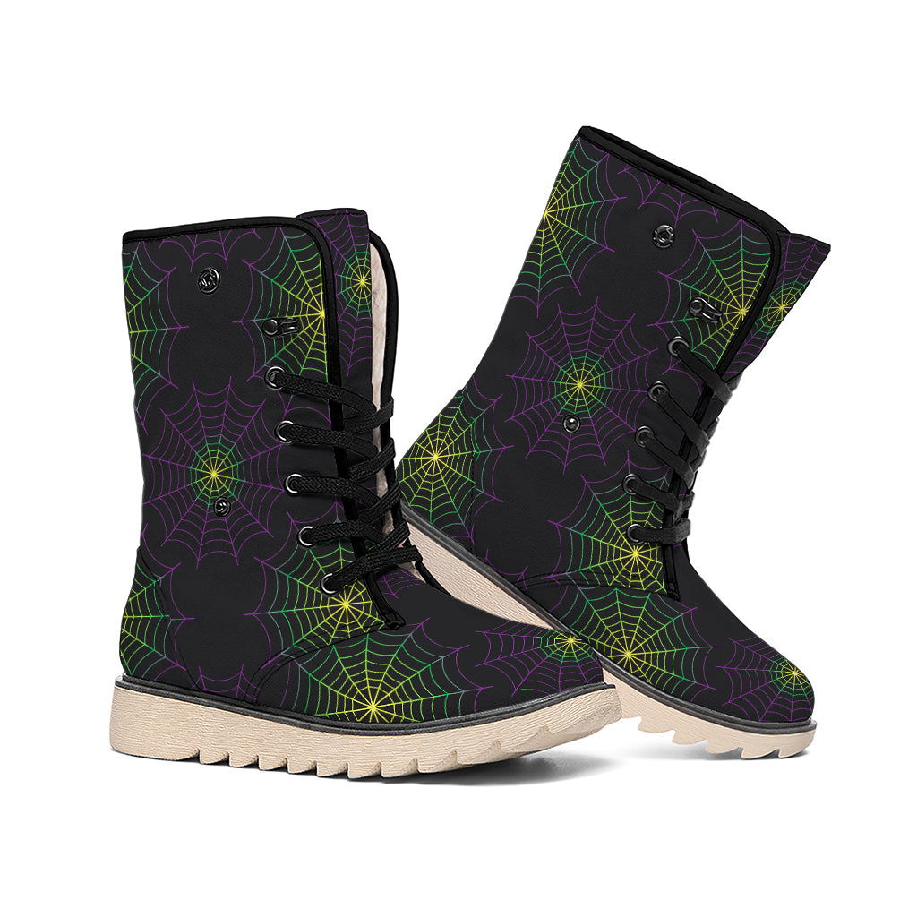 Purple And Green Spider Web Print Winter Boots