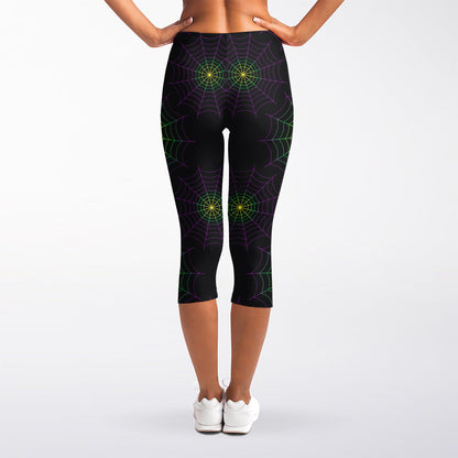 Purple And Green Spider Web Print Women's Capri Leggings