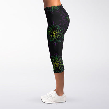 Purple And Green Spider Web Print Women's Capri Leggings