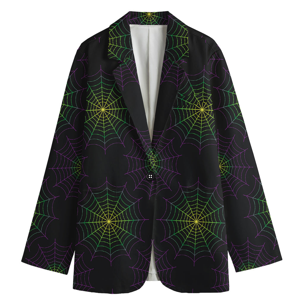 Purple And Green Spider Web Print Women's Cotton Blazer