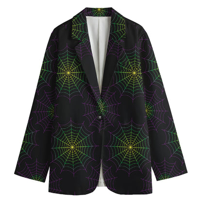 Purple And Green Spider Web Print Women's Cotton Blazer