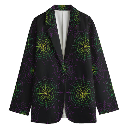 Purple And Green Spider Web Print Women's Cotton Blazer