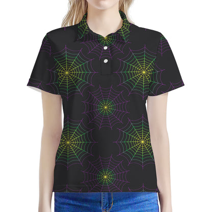 Purple And Green Spider Web Print Women's Polo Shirt