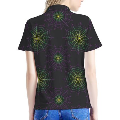 Purple And Green Spider Web Print Women's Polo Shirt