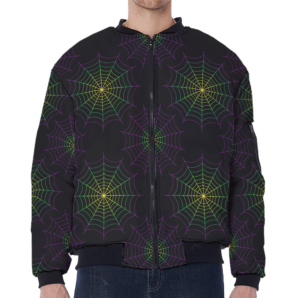 Purple And Green Spider Web Print Zip Sleeve Bomber Jacket