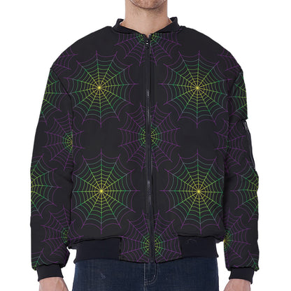 Purple And Green Spider Web Print Zip Sleeve Bomber Jacket