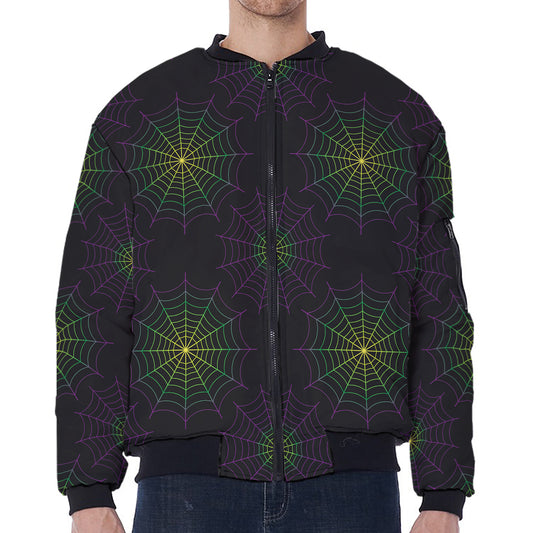 Purple And Green Spider Web Print Zip Sleeve Bomber Jacket