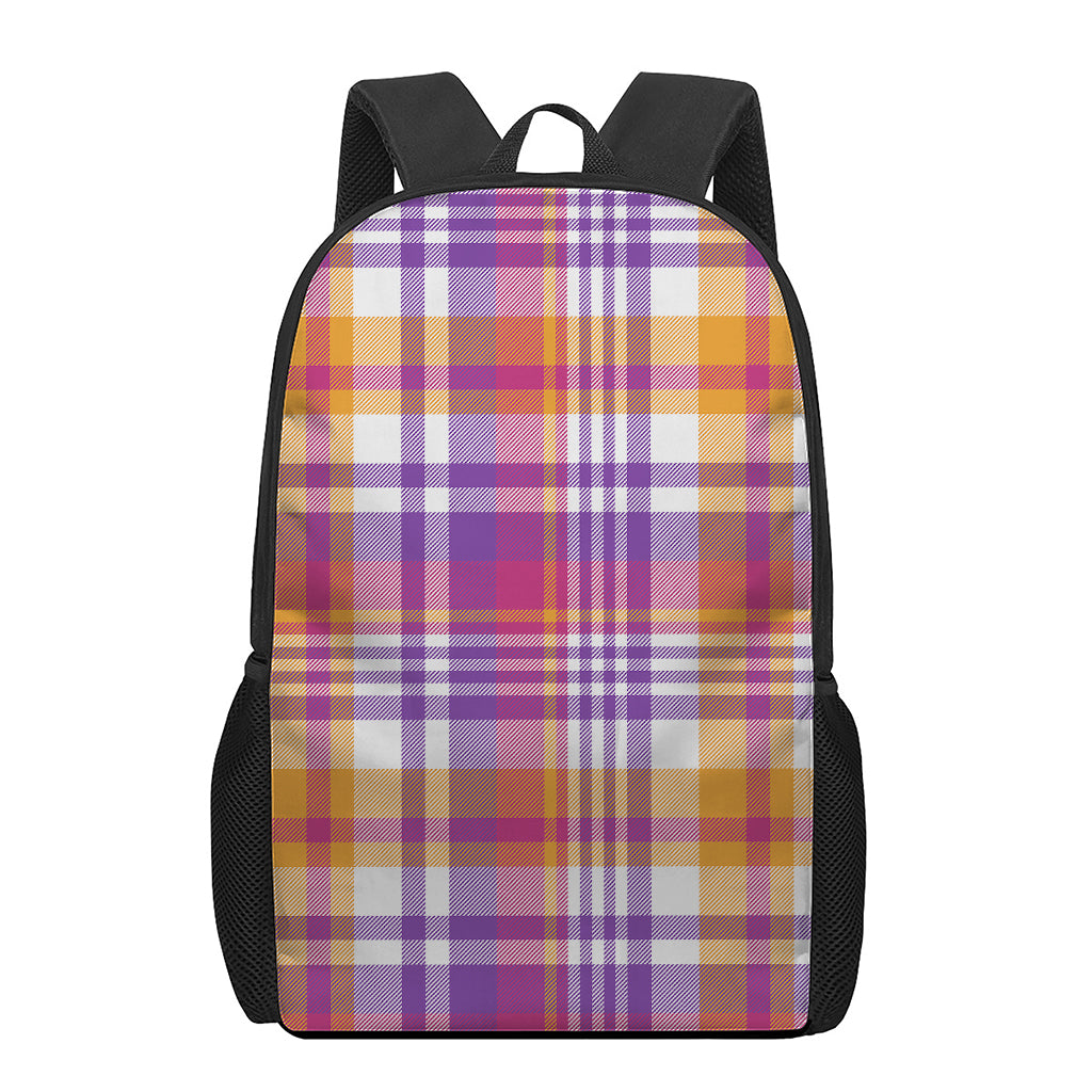 Purple And Orange Madras Plaid Print 17 Inch Backpack
