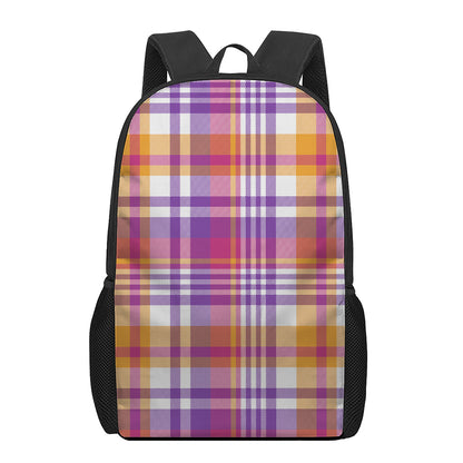 Purple And Orange Madras Plaid Print 17 Inch Backpack