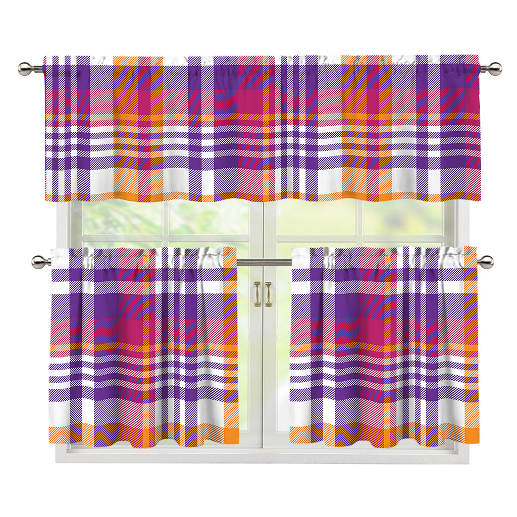 Purple And Orange Madras Plaid Print 3 Piece Kitchen Curtains