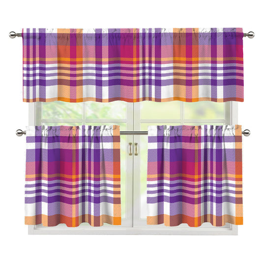 Purple And Orange Madras Plaid Print 3 Piece Kitchen Curtains