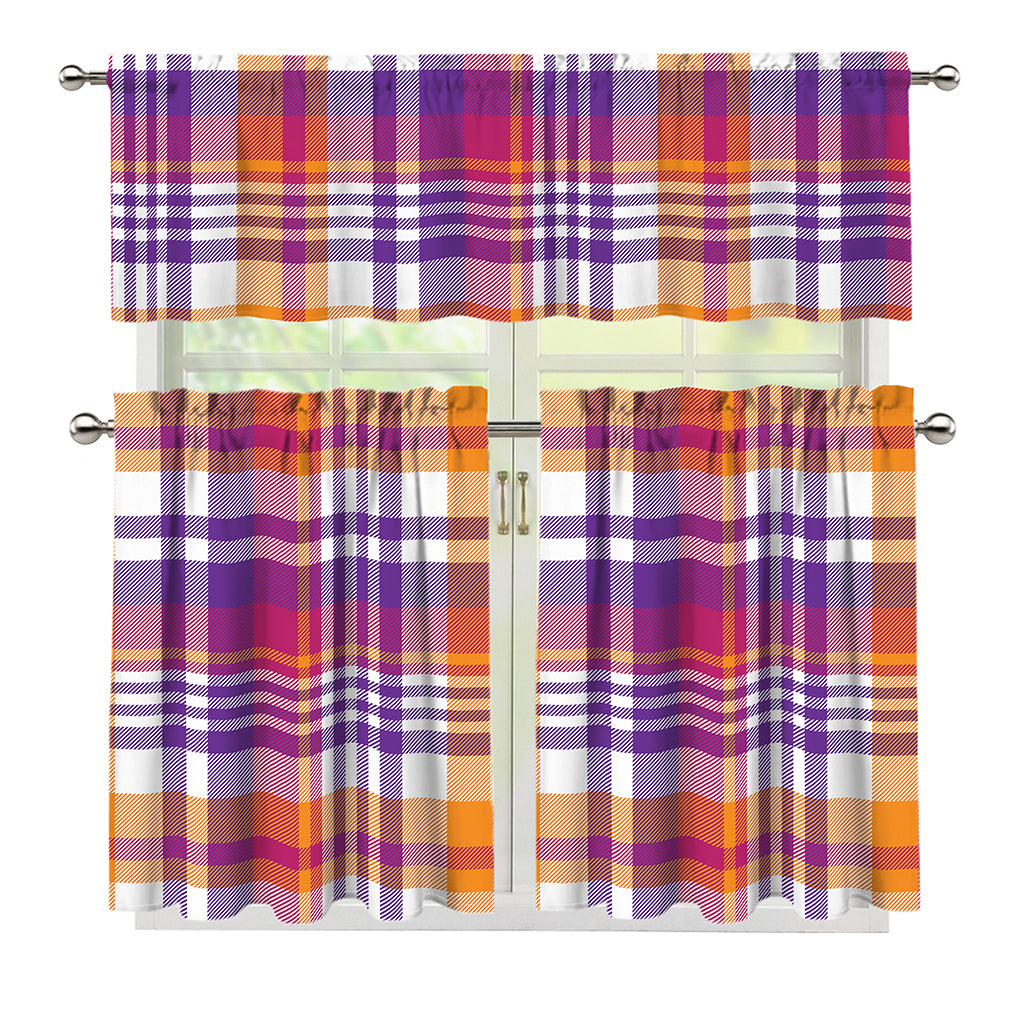 Purple And Orange Madras Plaid Print 3 Piece Kitchen Curtains