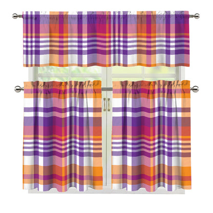 Purple And Orange Madras Plaid Print 3 Piece Kitchen Curtains