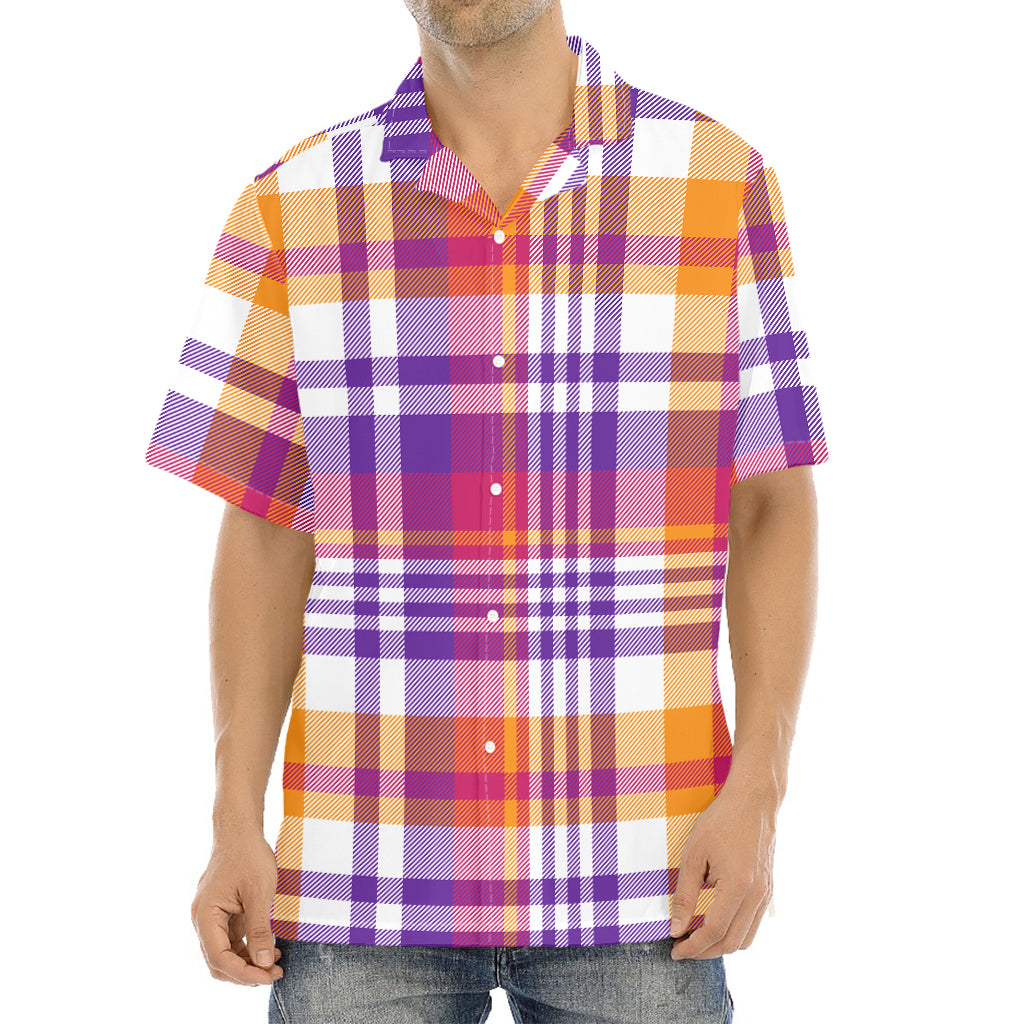 Purple And Orange Madras Plaid Print Aloha Shirt