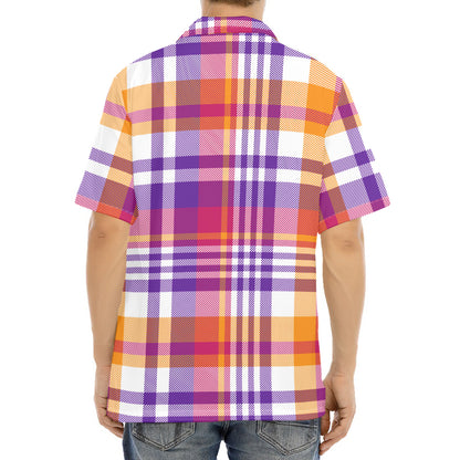 Purple And Orange Madras Plaid Print Aloha Shirt