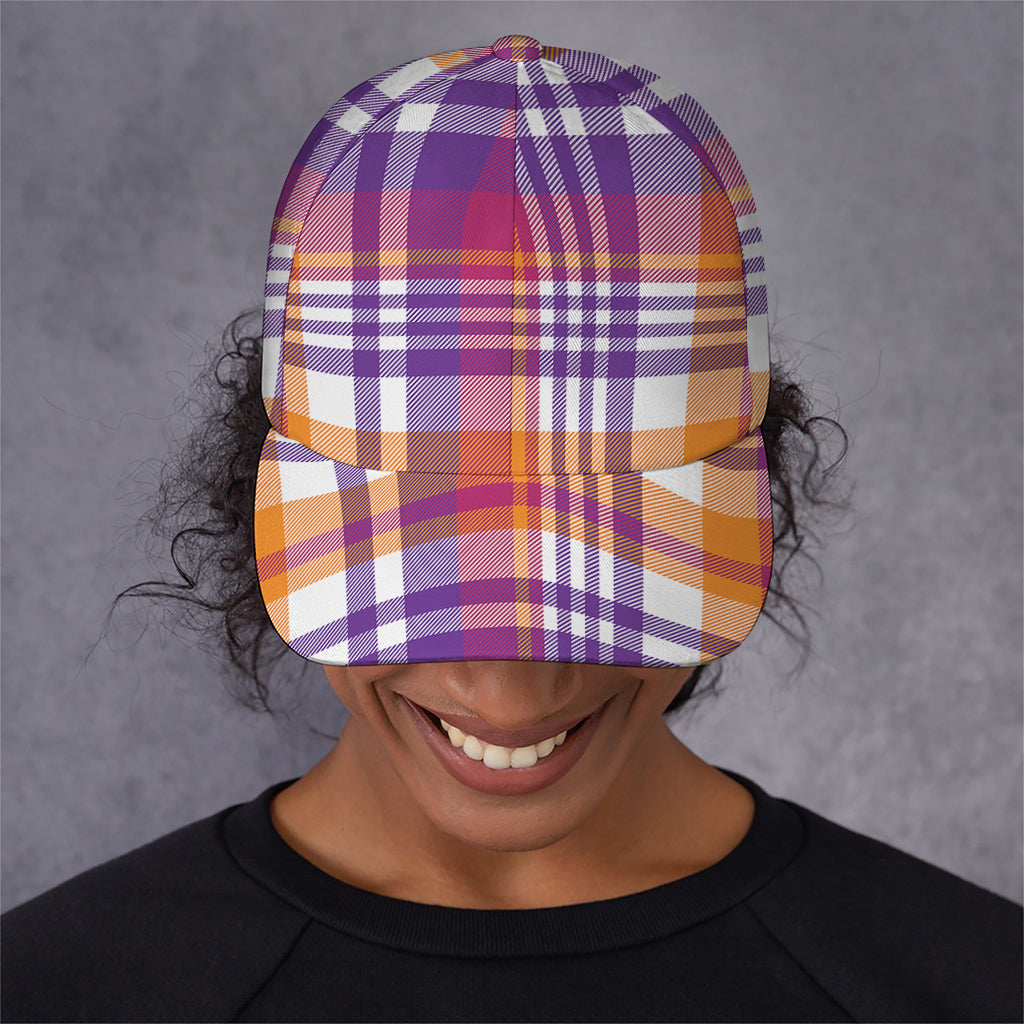 Purple And Orange Madras Plaid Print Baseball Cap