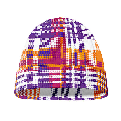Purple And Orange Madras Plaid Print Beanie