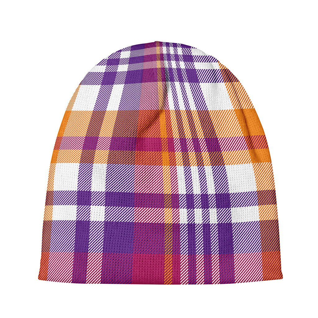 Purple And Orange Madras Plaid Print Beanie