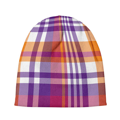 Purple And Orange Madras Plaid Print Beanie