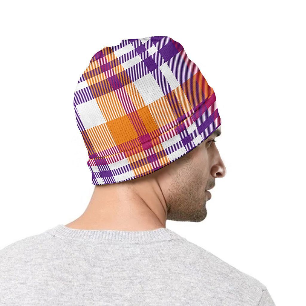 Purple And Orange Madras Plaid Print Beanie