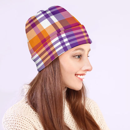 Purple And Orange Madras Plaid Print Beanie