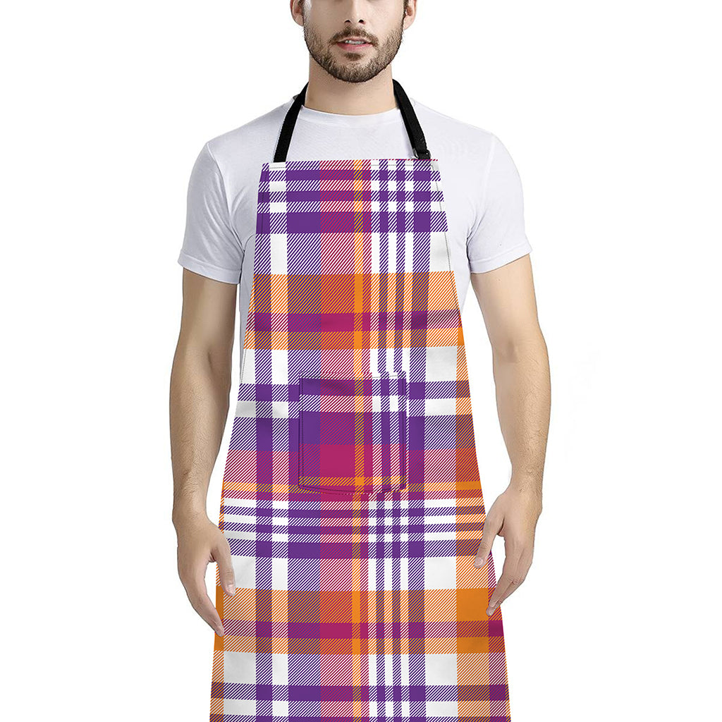Purple And Orange Madras Plaid Print Bib Apron With Pocket