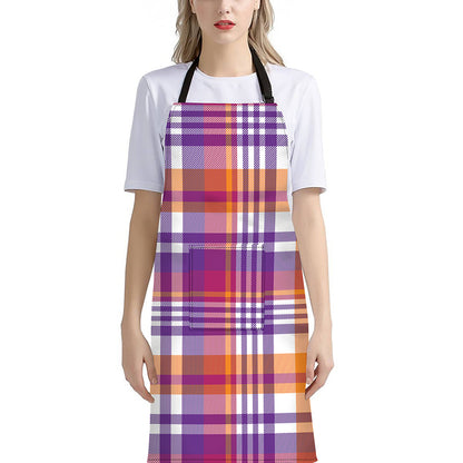 Purple And Orange Madras Plaid Print Bib Apron With Pocket