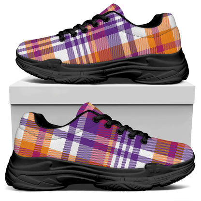 Purple And Orange Madras Plaid Print Black Chunky Shoes