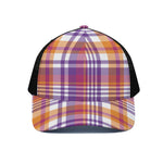 Purple And Orange Madras Plaid Print Black Mesh Trucker Cap
