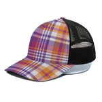 Purple And Orange Madras Plaid Print Black Mesh Trucker Cap