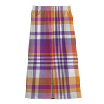 Purple And Orange Madras Plaid Print Cotton Front Slit Maxi Skirt