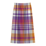 Purple And Orange Madras Plaid Print Cotton Front Slit Maxi Skirt