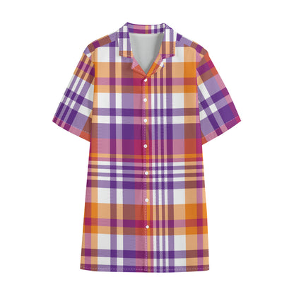 Purple And Orange Madras Plaid Print Cotton Hawaiian Shirt