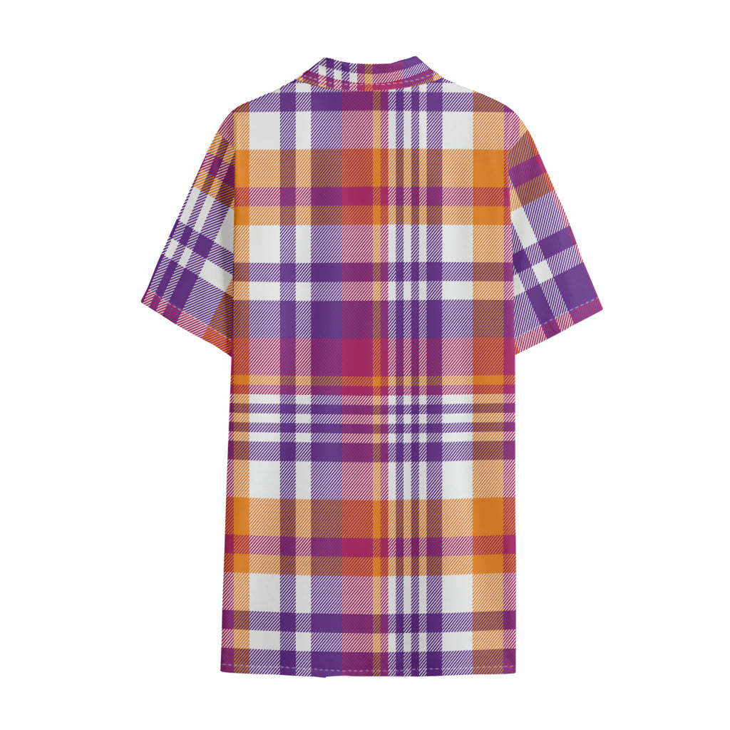 Purple And Orange Madras Plaid Print Cotton Hawaiian Shirt
