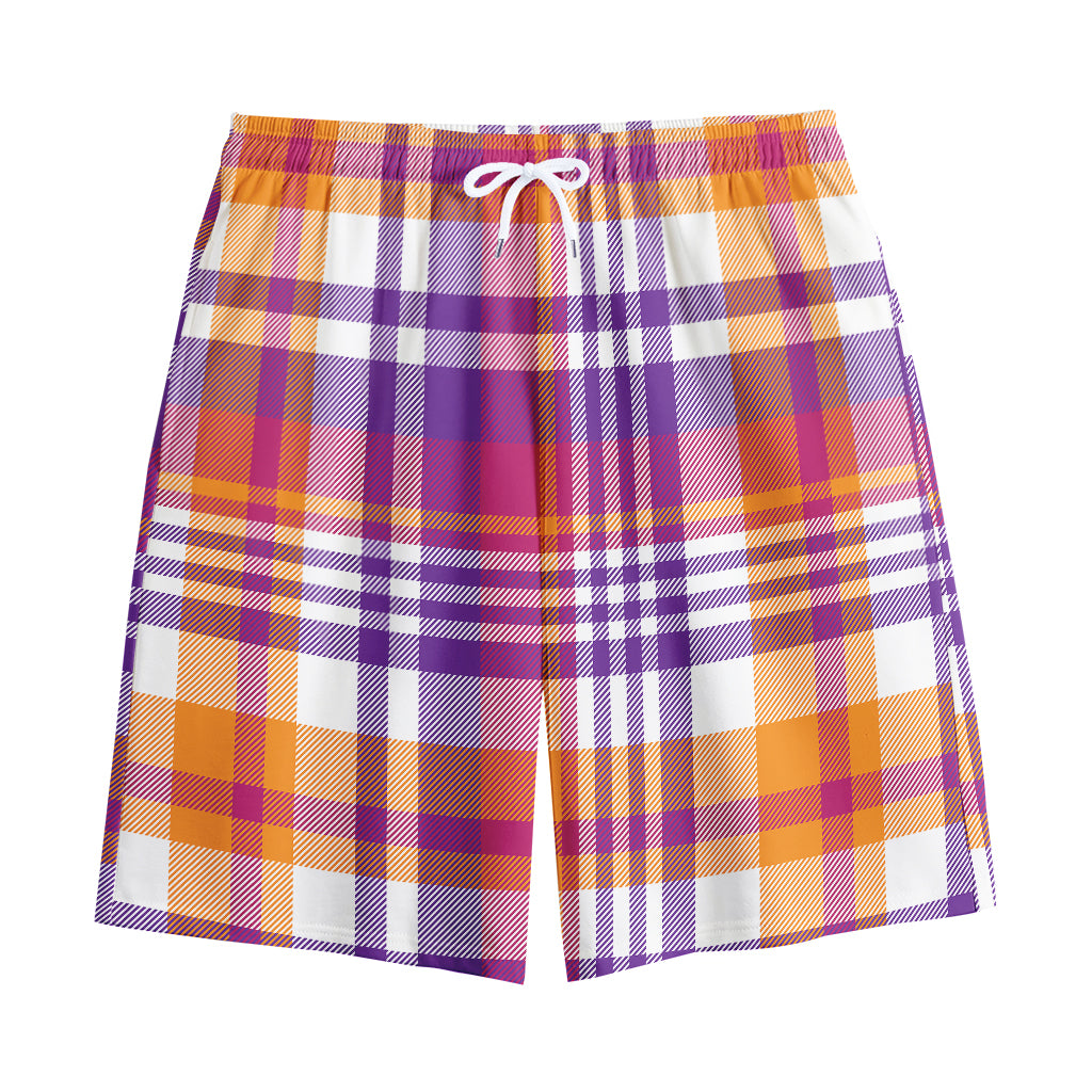 Purple And Orange Madras Plaid Print Cotton Shorts