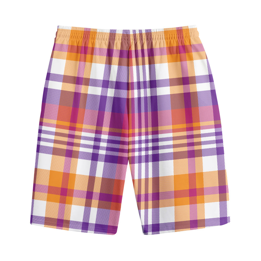Purple And Orange Madras Plaid Print Cotton Shorts