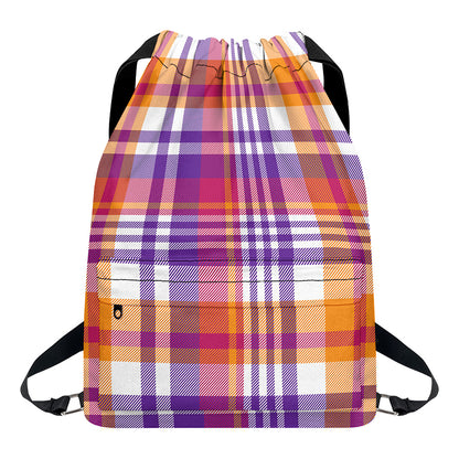 Purple And Orange Madras Plaid Print Drawstring Backpack