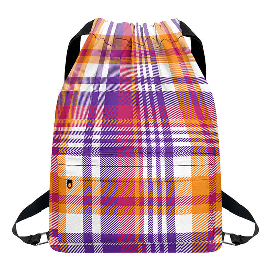 Purple And Orange Madras Plaid Print Drawstring Backpack