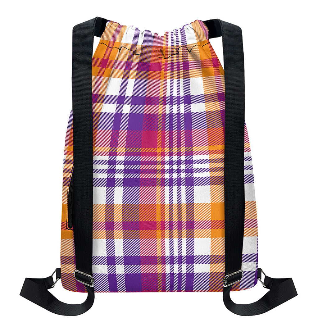 Purple And Orange Madras Plaid Print Drawstring Backpack