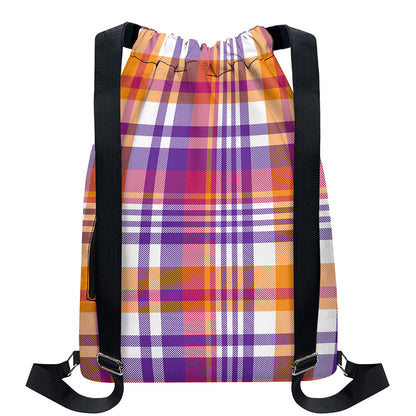Purple And Orange Madras Plaid Print Drawstring Backpack